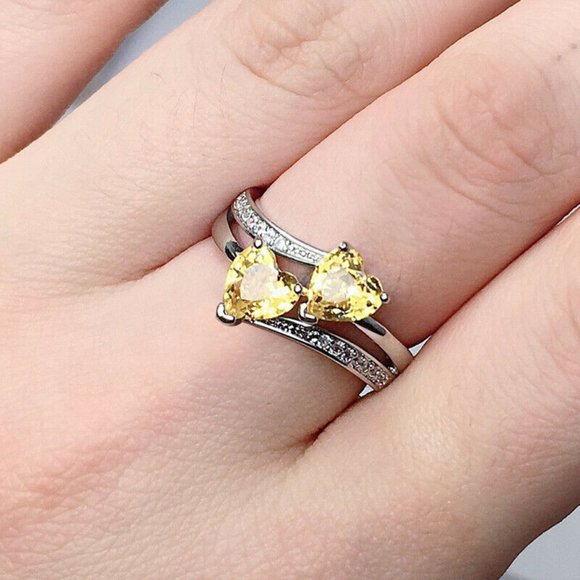 Romantic Silver Heart to Heart Citrine Ring New - Picture 1 of 2